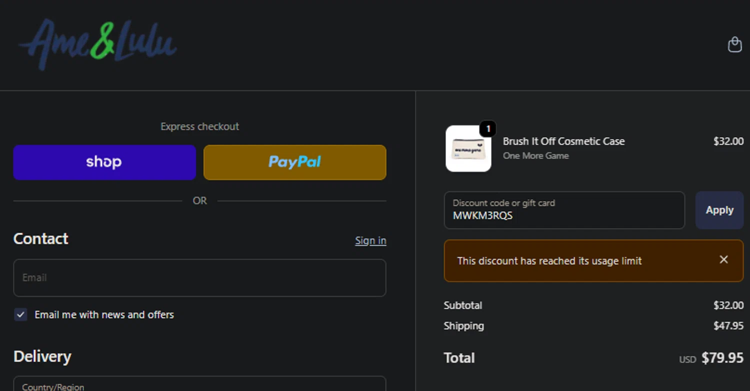 Ame & Lulu promo code screenshot showing code MWKM3RQS applied at Ame & Lulu checkout page. Uploaded by SimplyCodes community member SpiderGwen on Oct 9, 2025