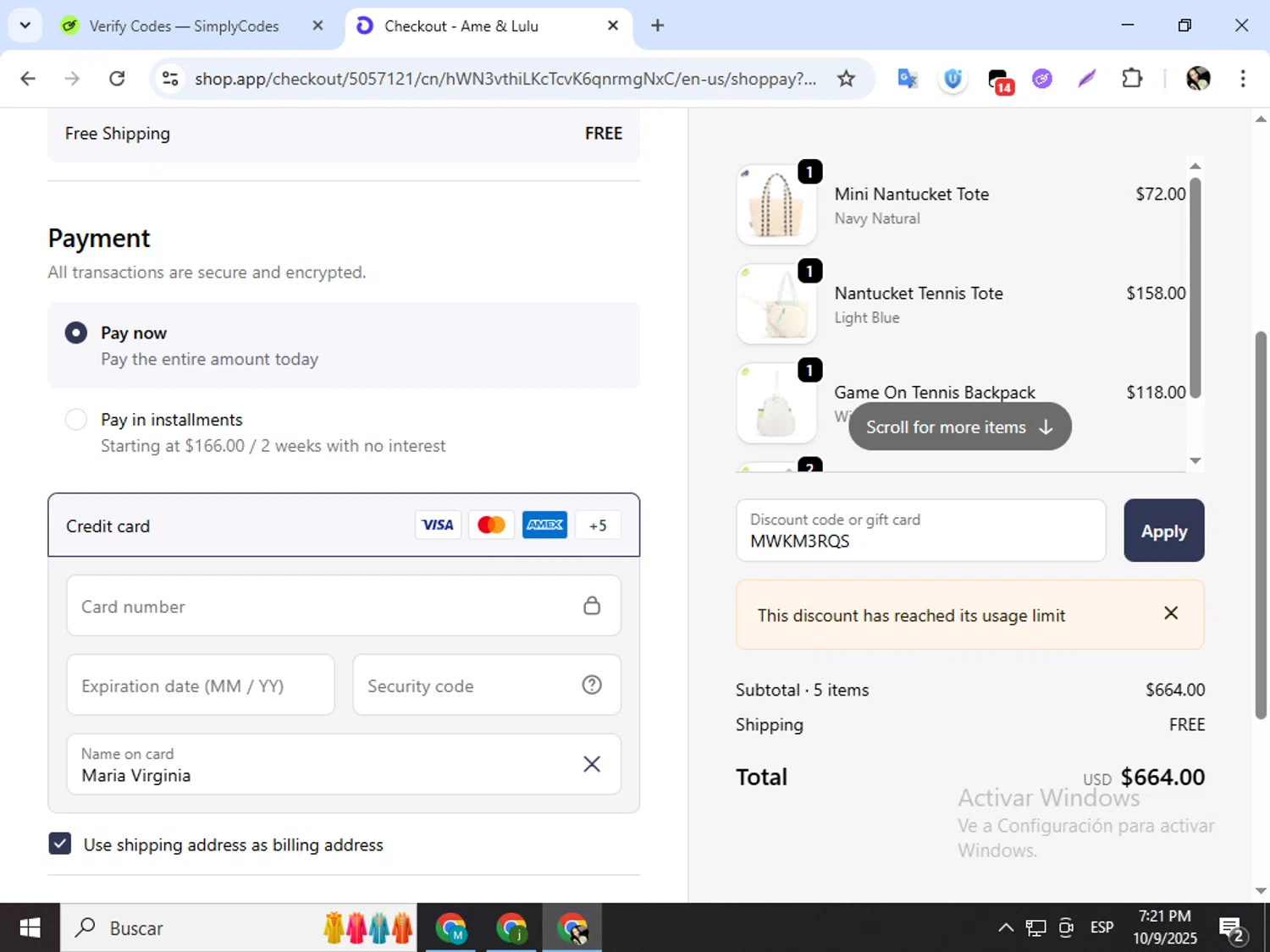 Ame & Lulu promo code screenshot showing code MWKM3RQS applied at Ame & Lulu checkout page. Uploaded by SimplyCodes community member mariapolancog on Oct 9, 2025