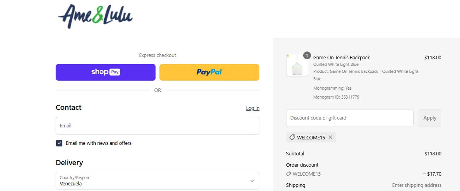 Ame & Lulu promo code screenshot showing code WELCOME15 applied at Ame & Lulu checkout page. Uploaded by SimplyCodes community member ashe1986 on May 15, 2025