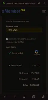 aMember Professional coupon verification screenshot