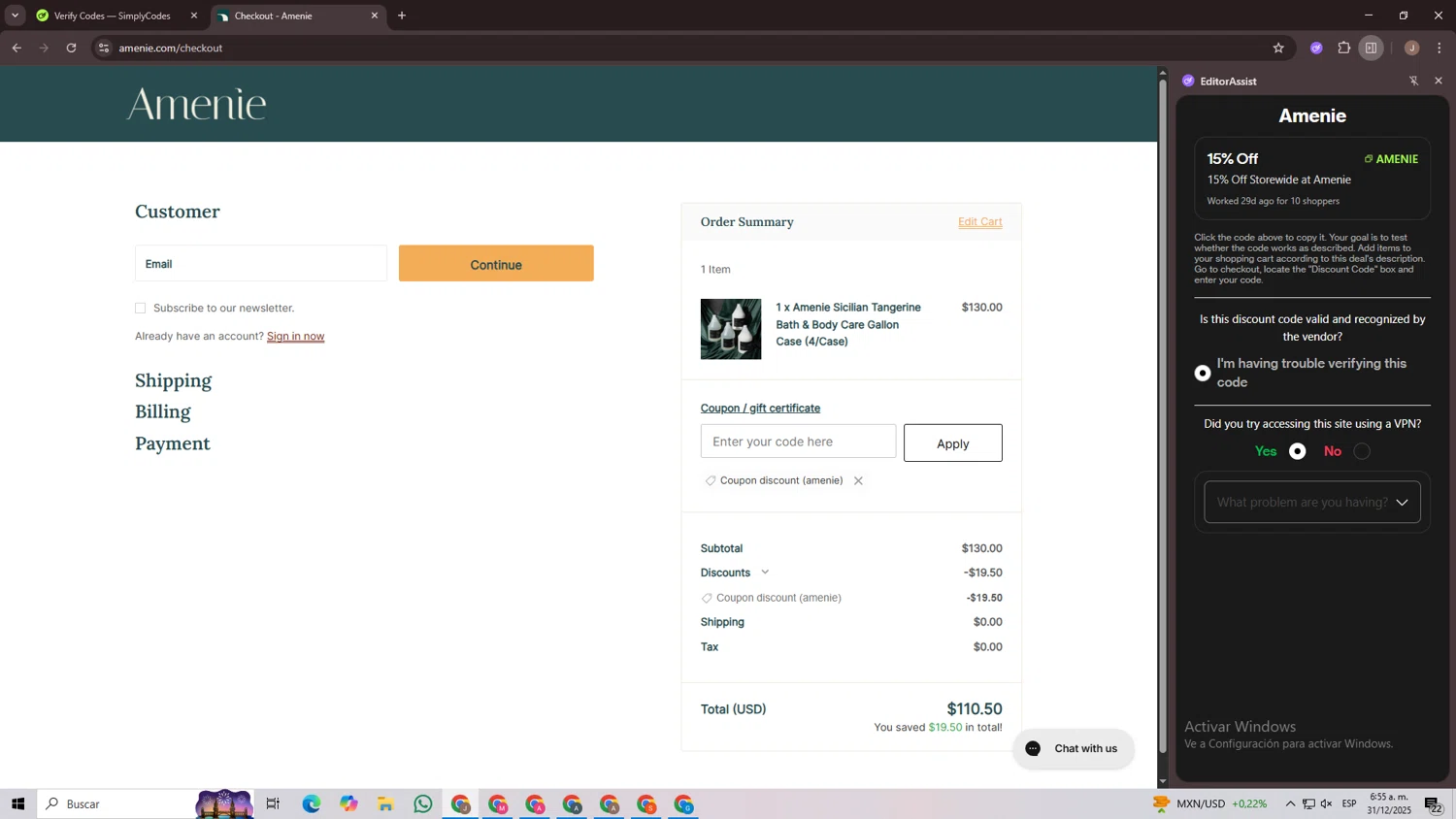 Amenie promo code screenshot showing code amenie applied at Amenie checkout page. Uploaded by SimplyCodes community member CrownChaser949 on Dec 31, 2025