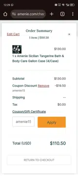 Amenie coupon verification screenshot