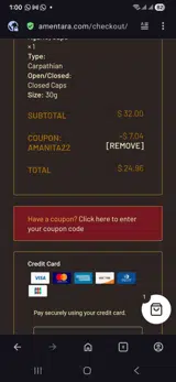 Amentara coupon verification screenshot