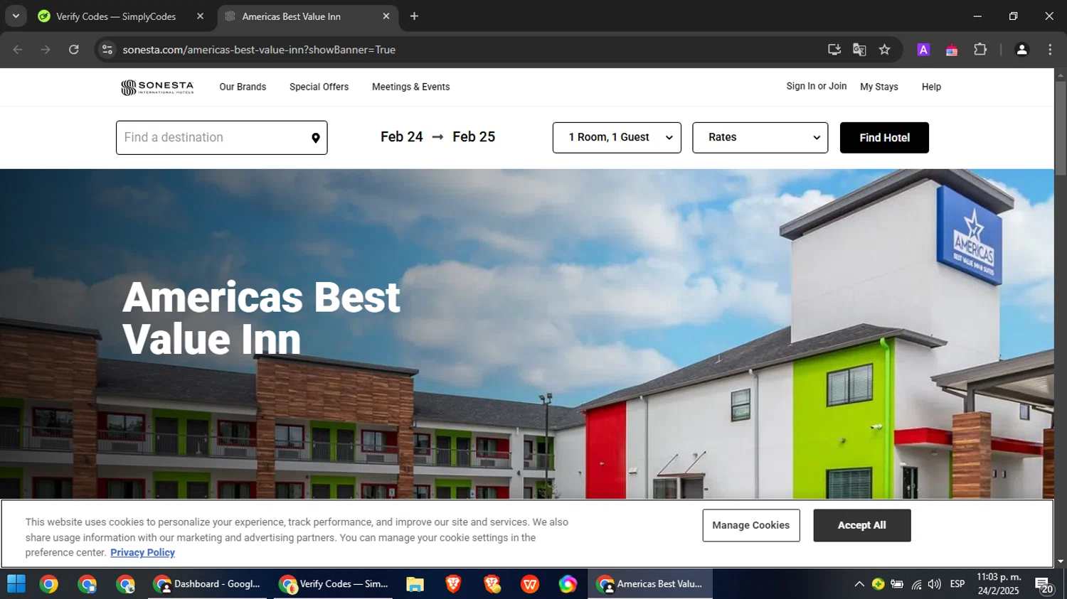 Americas Best Value Inn coupon code screenshot showing code SUPERSAVINGS applied at Americas Best Value Inn checkout page. Uploaded by SimplyCodes community member RebateCaptain6440 on Feb 25, 2025