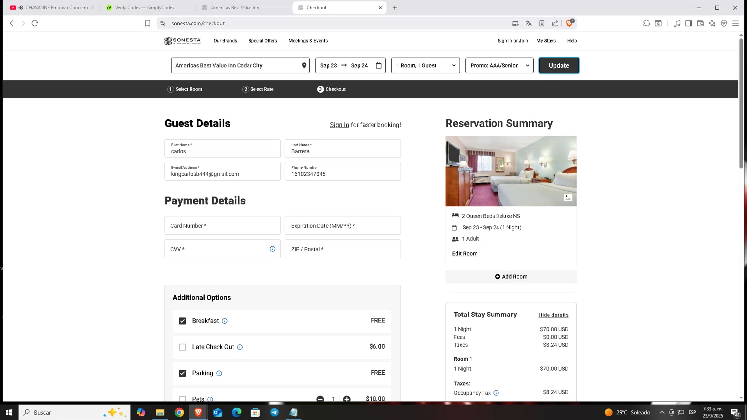 Americas Best Value Inn checkout page showing Americas Best Value Inn coupon code box | Screenshot taken by SimplyCodes community member on Sep 23, 2025