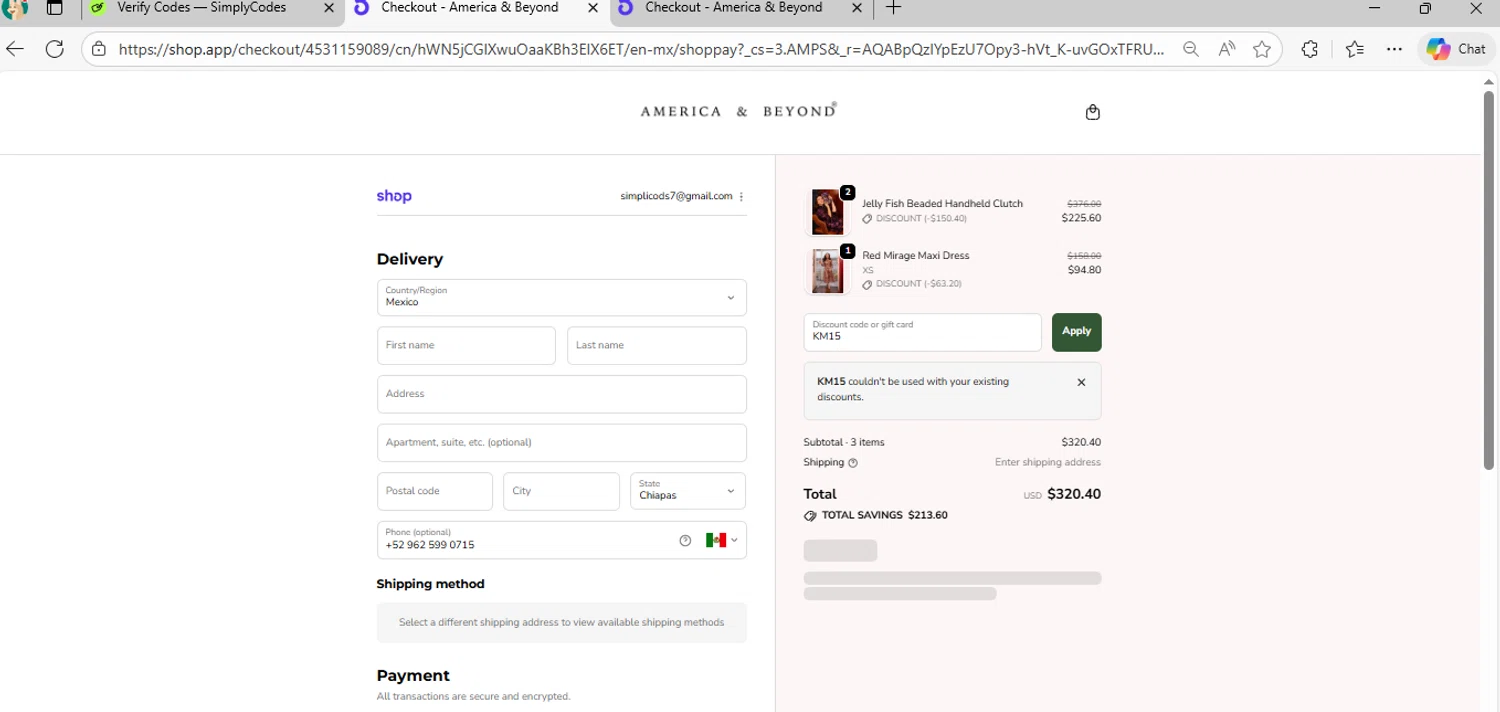 America & Beyond promo code screenshot showing code KM15 applied at America & Beyond checkout page. Uploaded by SimplyCodes community member CrownPilot9171 on Nov 26, 2025
