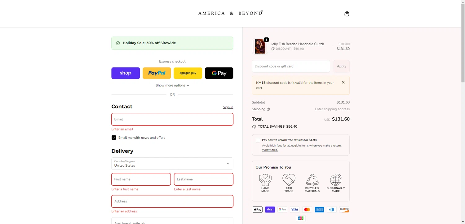 America & Beyond promo code screenshot showing code KM15 applied at America & Beyond checkout page. Uploaded by SimplyCodes community member DiscountWarden480 on Dec 20, 2025