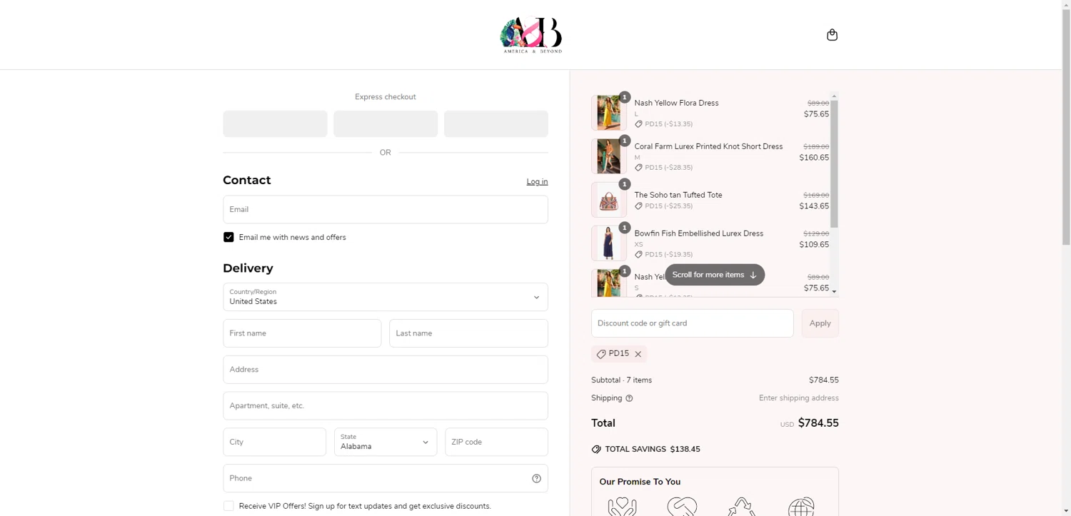 America & Beyond promo code screenshot showing code PD15 applied at America & Beyond checkout page. Uploaded by SimplyCodes community member DiscountWarden480 on Jun 22, 2025