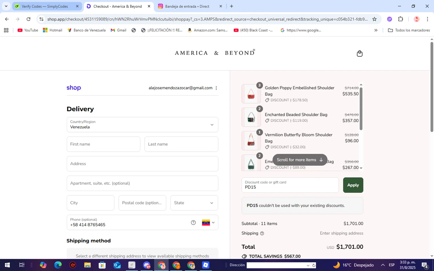 America & Beyond promo code screenshot showing code PD15 applied at America & Beyond checkout page. Uploaded by SimplyCodes community member WiseScholar9036 on Aug 31, 2025