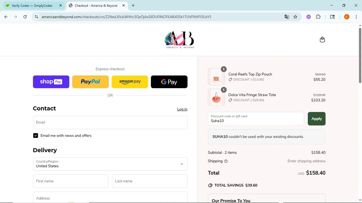 America & Beyond promo code screenshot showing code Suha10 applied at America & Beyond checkout page. Uploaded by SimplyCodes community member BudgetFox5491 on Jun 22, 2025