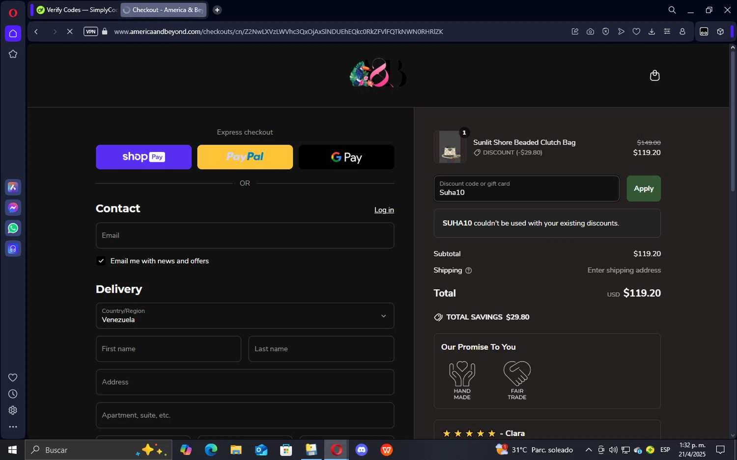 America & Beyond promo code screenshot showing code Suha10 applied at America & Beyond checkout page. Uploaded by SimplyCodes community member GrimmKing on Apr 21, 2025