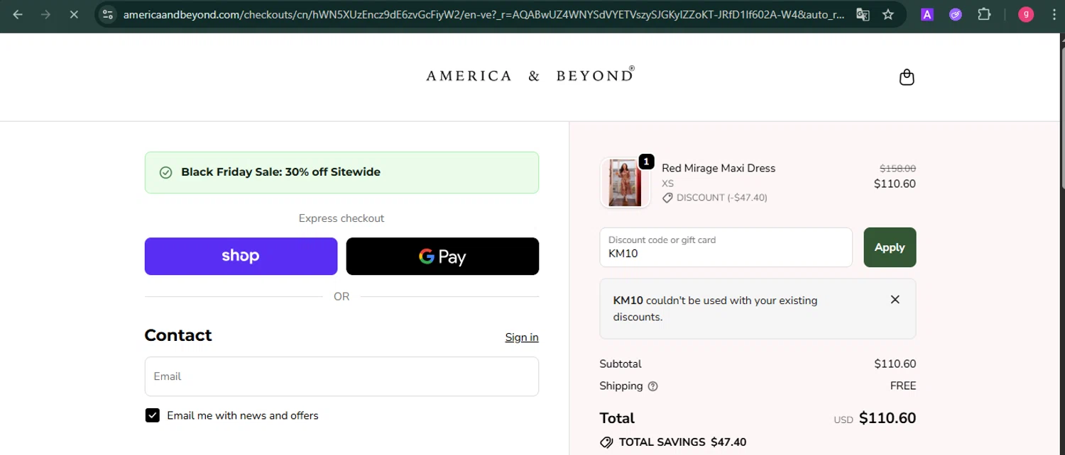 America & Beyond promo code screenshot showing code KM10 applied at America & Beyond checkout page. Uploaded by SimplyCodes community member MoneyFalcon481 on Nov 21, 2025