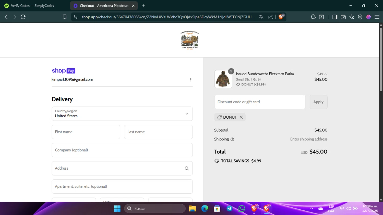 Americana Pipedream Apparel discount code screenshot showing code DONUT applied at Americana Pipedream Apparel checkout page. Uploaded by SimplyCodes community member Guacamole_Picante on Jul 12, 2025