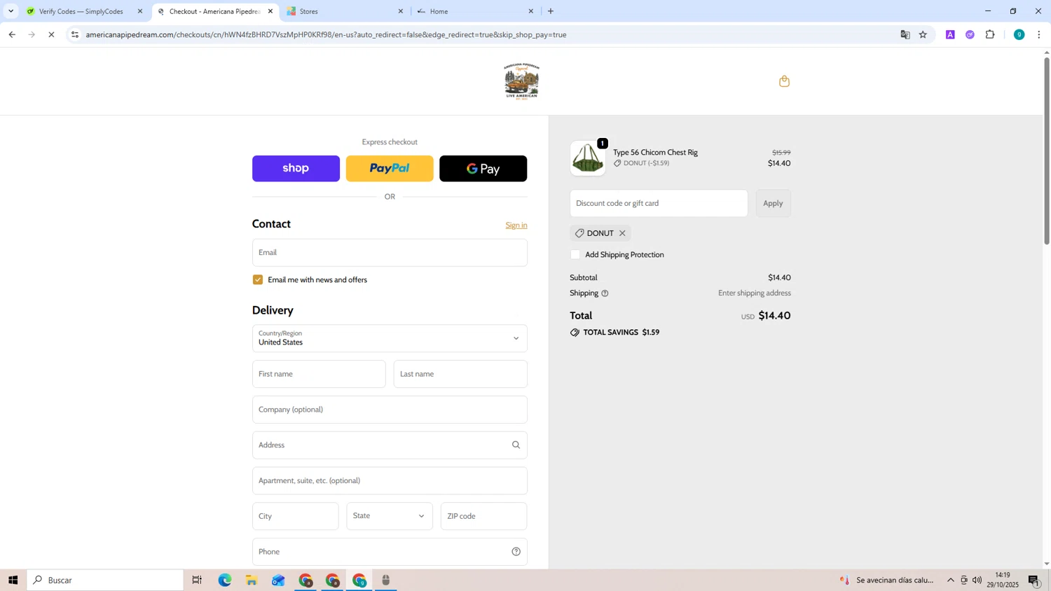 Americana Pipedream Apparel discount code screenshot showing code DONUT applied at Americana Pipedream Apparel checkout page. Uploaded by SimplyCodes community member ShieldExpert3365 on Oct 29, 2025
