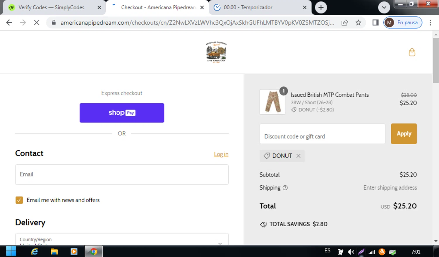 Americana Pipedream Apparel discount code screenshot showing code DONUT applied at Americana Pipedream Apparel checkout page. Uploaded by SimplyCodes community member SwiftDefender9897 on Jan 13, 2025