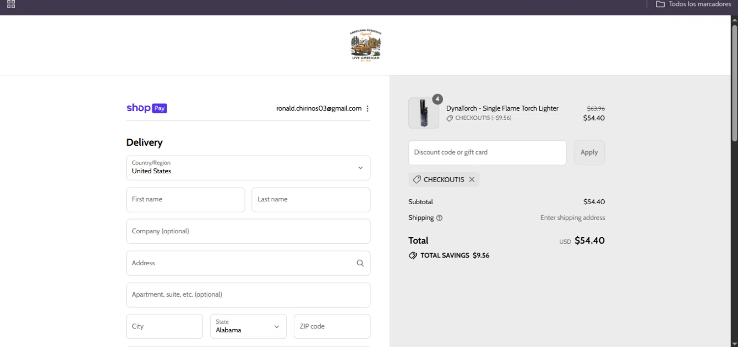 Americana Pipedream Apparel discount code screenshot showing code Checkout15 applied at Americana Pipedream Apparel checkout page. Uploaded by SimplyCodes community member Egni_149037891 on Aug 15, 2025