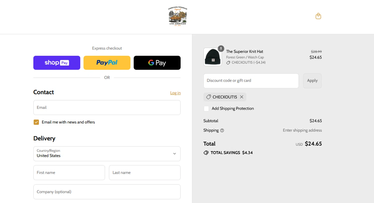 Americana Pipedream Apparel discount code screenshot showing code Checkout15 applied at Americana Pipedream Apparel checkout page. Uploaded by SimplyCodes community member castillosimply on Aug 24, 2025
