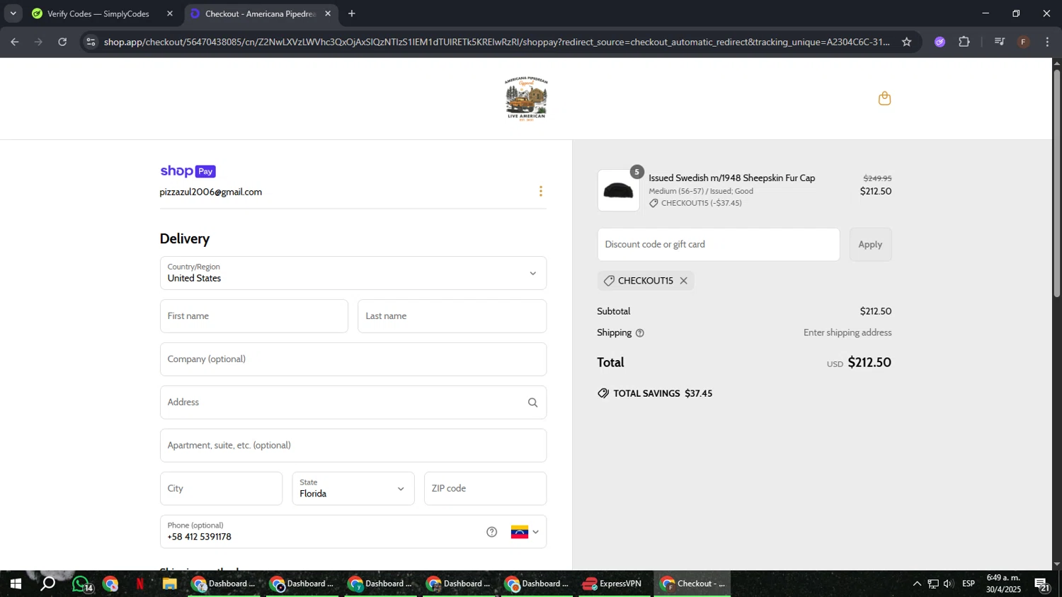 Americana Pipedream Apparel discount code screenshot showing code Checkout15 applied at Americana Pipedream Apparel checkout page. Uploaded by SimplyCodes community member ExtraordinaryHunter3076 on Apr 30, 2025