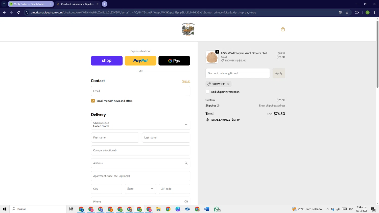 Americana Pipedream Apparel discount code screenshot showing code Browse15 applied at Americana Pipedream Apparel checkout page. Uploaded by SimplyCodes community member PrimeSage6924 on Dec 13, 2025