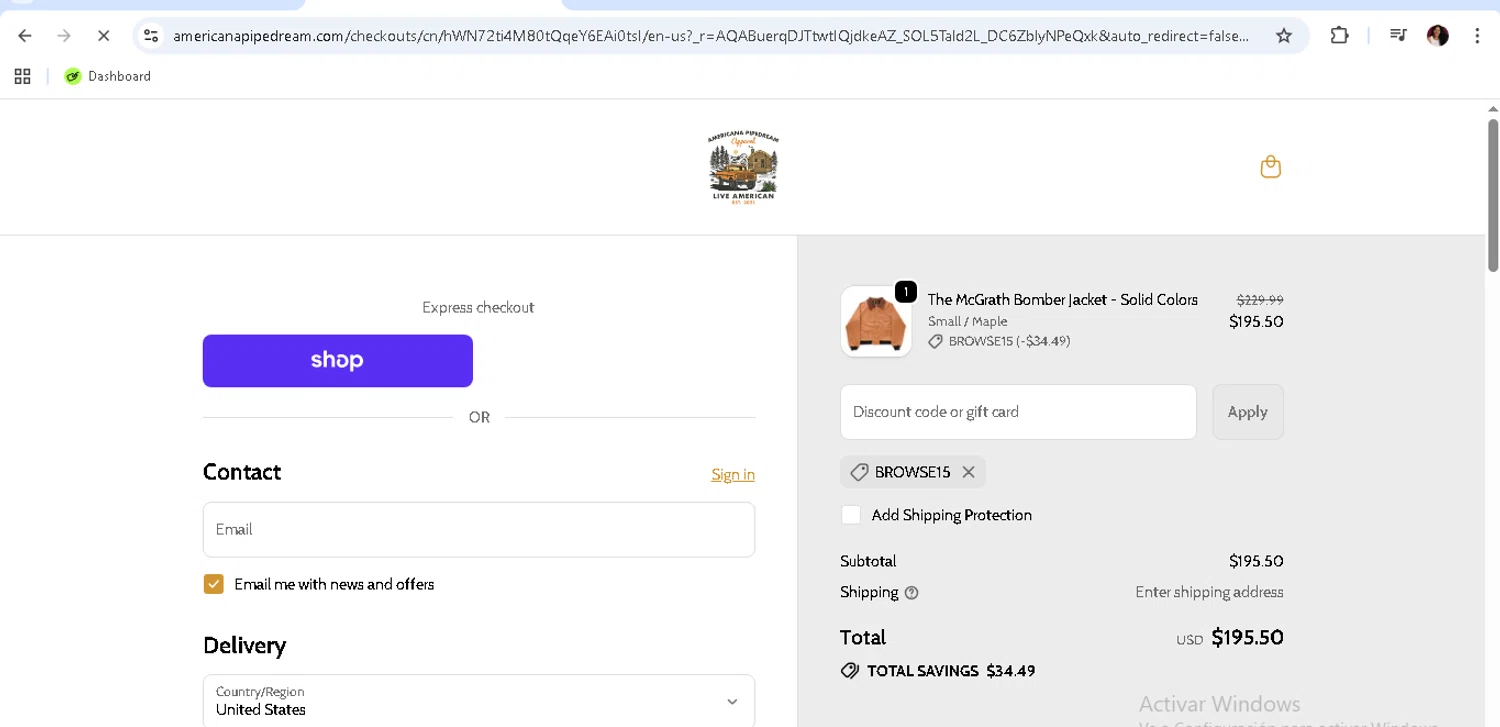 Americana Pipedream Apparel discount code screenshot showing code Browse15 applied at Americana Pipedream Apparel checkout page. Uploaded by SimplyCodes community member monicacaraballo on Dec 30, 2025