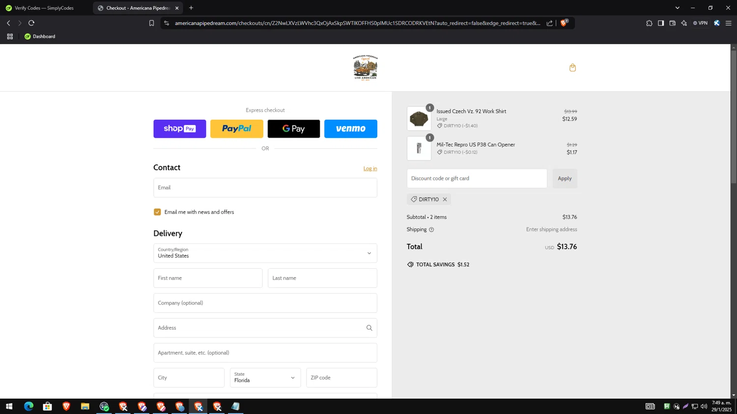 Americana Pipedream Apparel discount code screenshot showing code DIRTY10 applied at Americana Pipedream Apparel checkout page. Uploaded by SimplyCodes community member PrimeExpert2544 on Jan 29, 2025