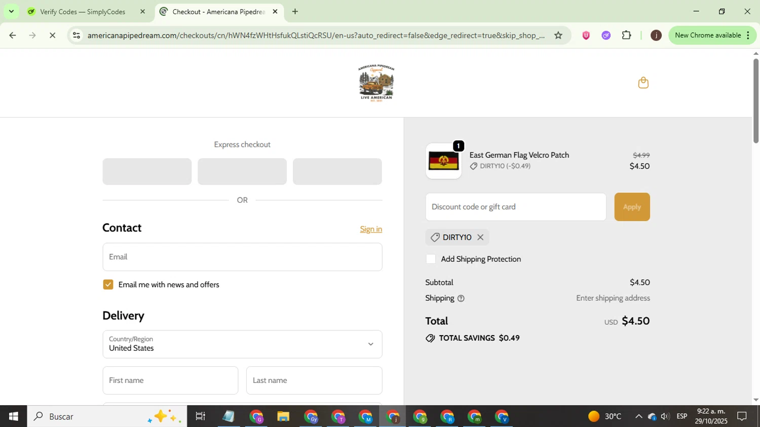 Americana Pipedream Apparel discount code screenshot showing code DIRTY10 applied at Americana Pipedream Apparel checkout page. Uploaded by SimplyCodes community member WonderEagle9833 on Oct 29, 2025