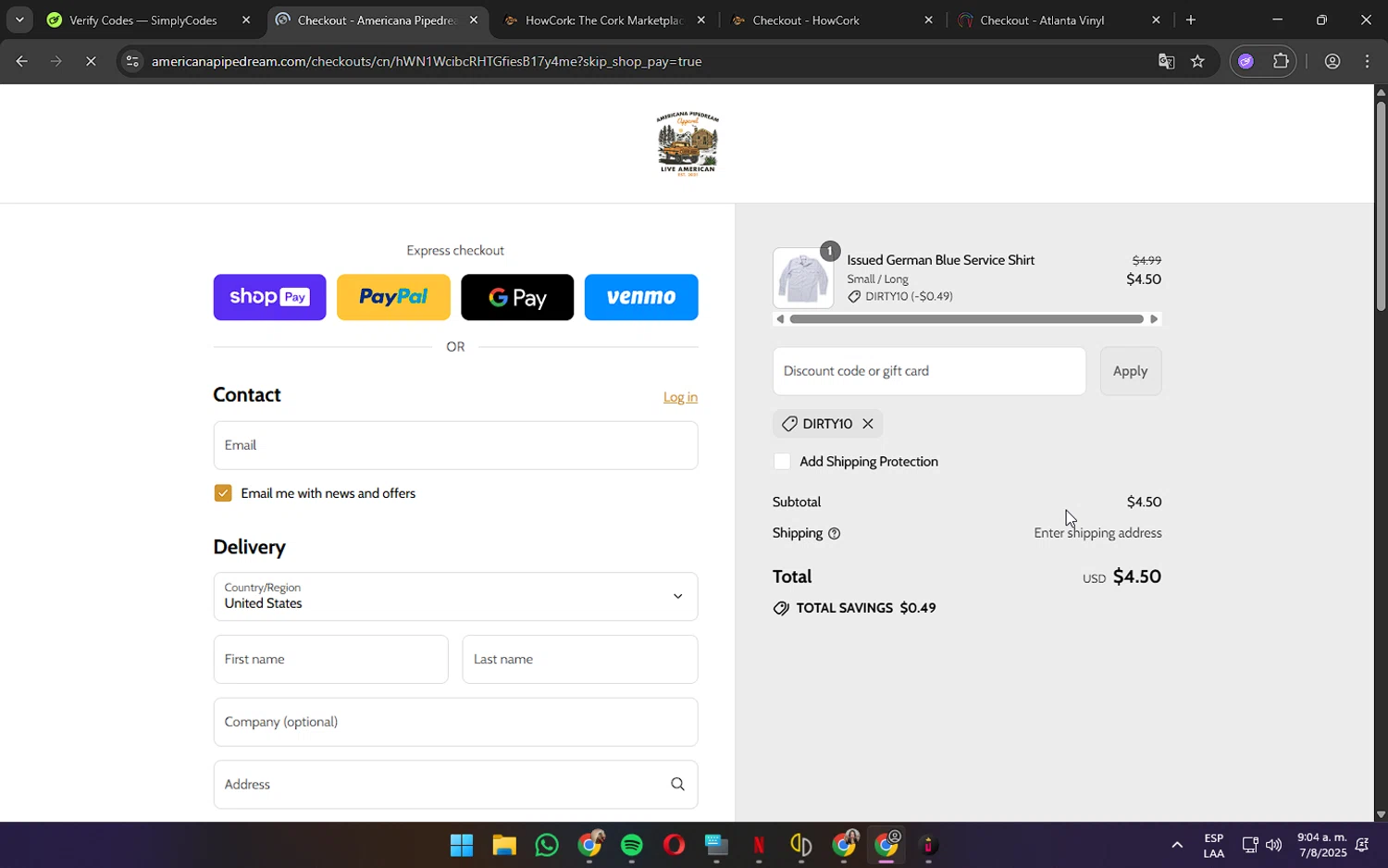 Americana Pipedream Apparel discount code screenshot showing code DIRTY10 applied at Americana Pipedream Apparel checkout page. Uploaded by SimplyCodes community member wednesday on Aug 7, 2025