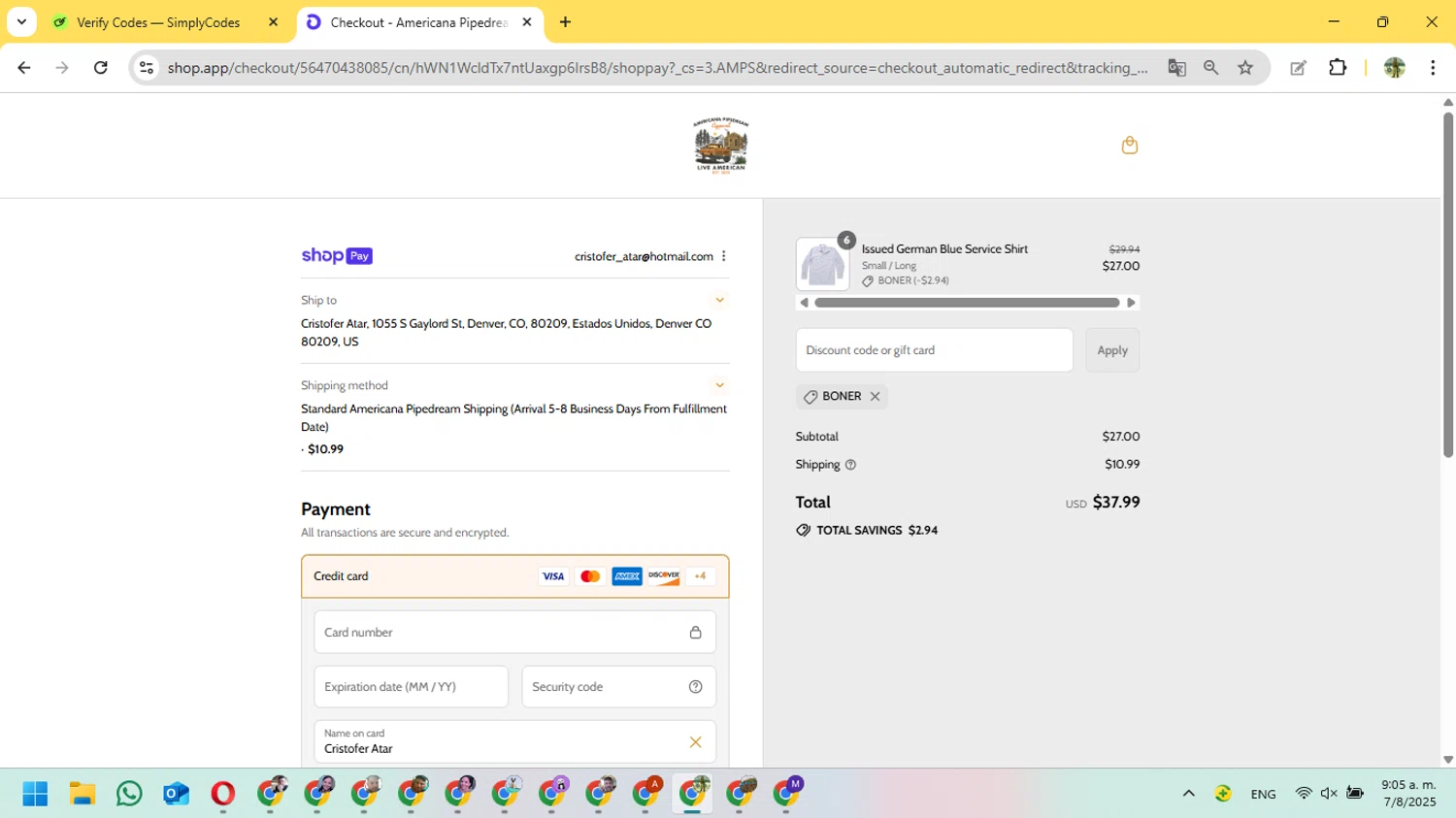 Americana Pipedream Apparel discount code screenshot showing code Boner applied at Americana Pipedream Apparel checkout page. Uploaded by SimplyCodes community member FundoSinai on Aug 7, 2025