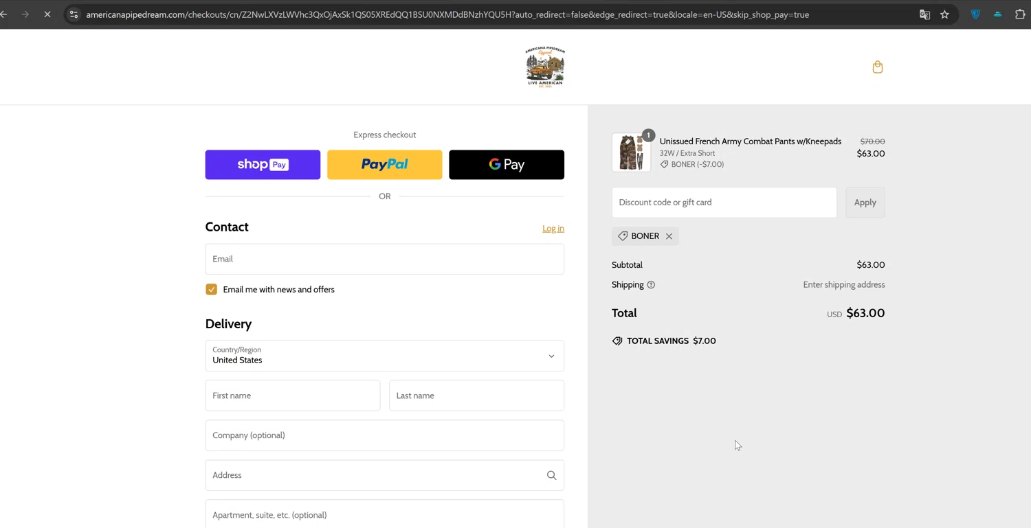 Americana Pipedream Apparel discount code screenshot showing code Boner applied at Americana Pipedream Apparel checkout page. Uploaded by SimplyCodes community member ValiantTiger4704 on Feb 22, 2025