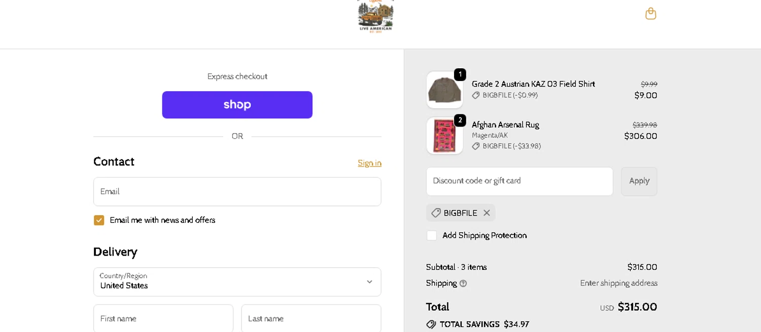 Americana Pipedream Apparel promo code screenshot showing code BIGBFILE applied at Americana Pipedream Apparel checkout page. Uploaded by SimplyCodes community member beatrizcastillo on Jun 3, 2026