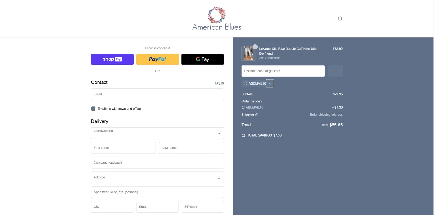 American Blues discount code screenshot showing code ABEMAIL10 applied at American Blues checkout page. Uploaded by SimplyCodes community member EpicTitan8654 on Jan 26, 2025