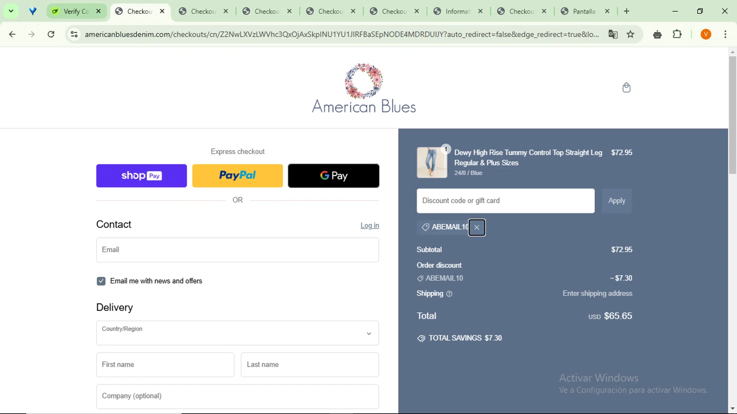 American Blues discount code screenshot showing code ABEMAIL10 applied at American Blues checkout page. Uploaded by SimplyCodes community member RebateSaver5991 on Jan 26, 2025