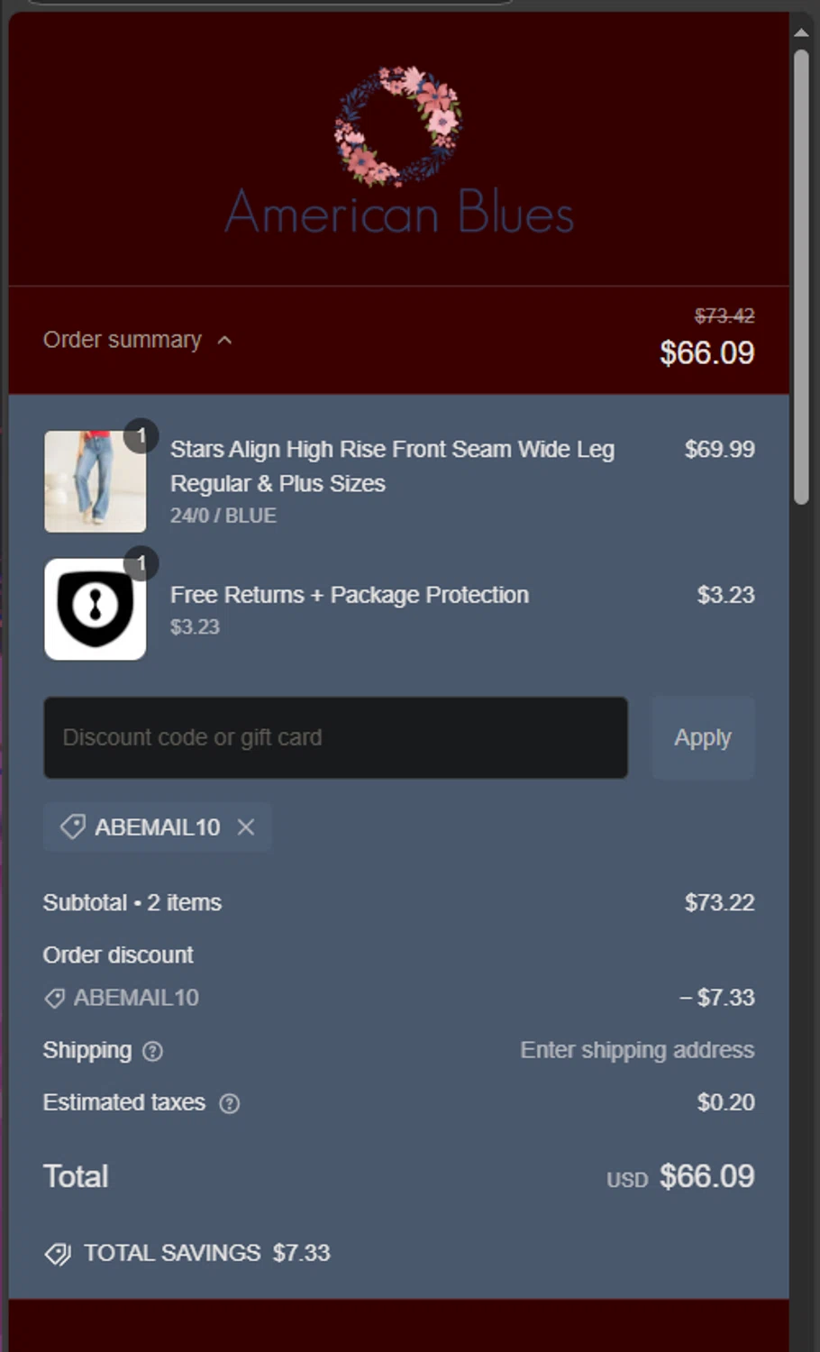 American Blues discount code screenshot showing code ABEMAIL10 applied at American Blues checkout page. Uploaded by SimplyCodes community member jaimitoalcachofa on Jan 26, 2025