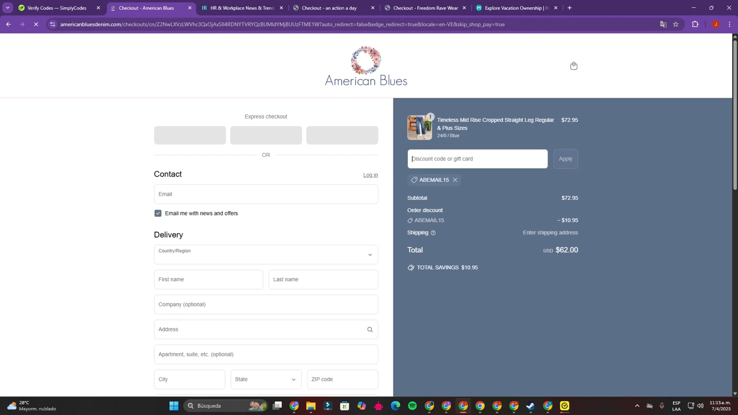 American Blues discount code screenshot showing code abemail15 applied at American Blues checkout page. Uploaded by SimplyCodes community member SalvadorC on Apr 7, 2025