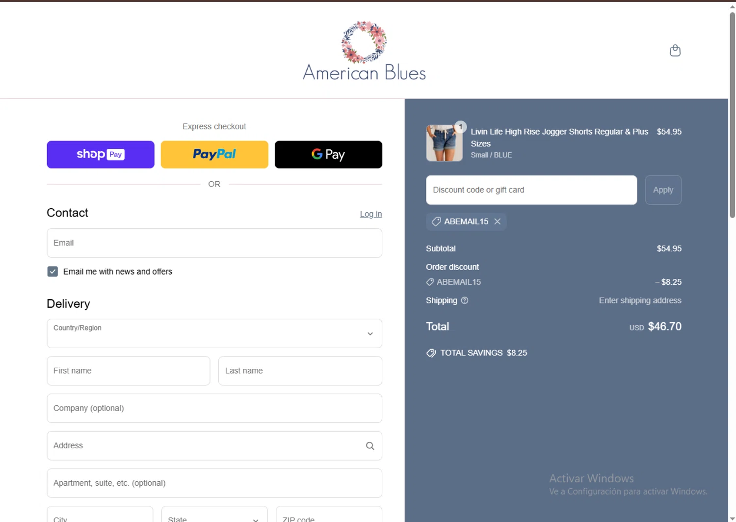 American Blues discount code screenshot showing code abemail15 applied at American Blues checkout page. Uploaded by SimplyCodes community member LegendaryCurator4133 on Mar 22, 2025