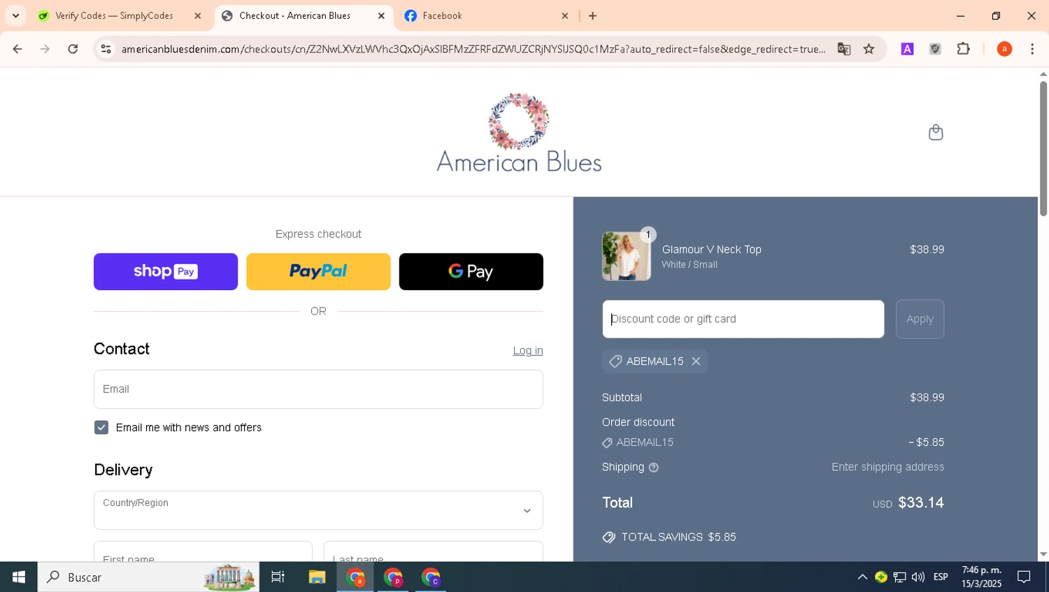 American Blues discount code screenshot showing code abemail15 applied at American Blues checkout page. Uploaded by SimplyCodes community member bichota on Mar 15, 2025