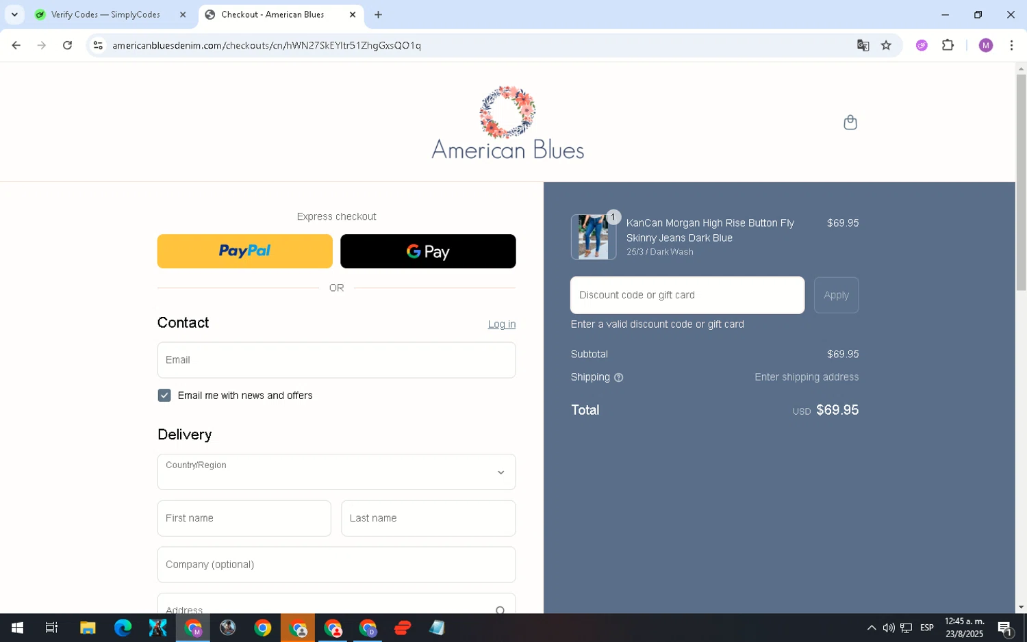 American Blues discount code screenshot showing code 10KC0818 applied at American Blues checkout page. Uploaded by SimplyCodes community member MightyShopper3015 on Aug 23, 2025