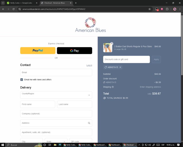 American Blues checkout page showing American Blues discount code box | Screenshot taken by SimplyCodes community member on Aug 23, 2025