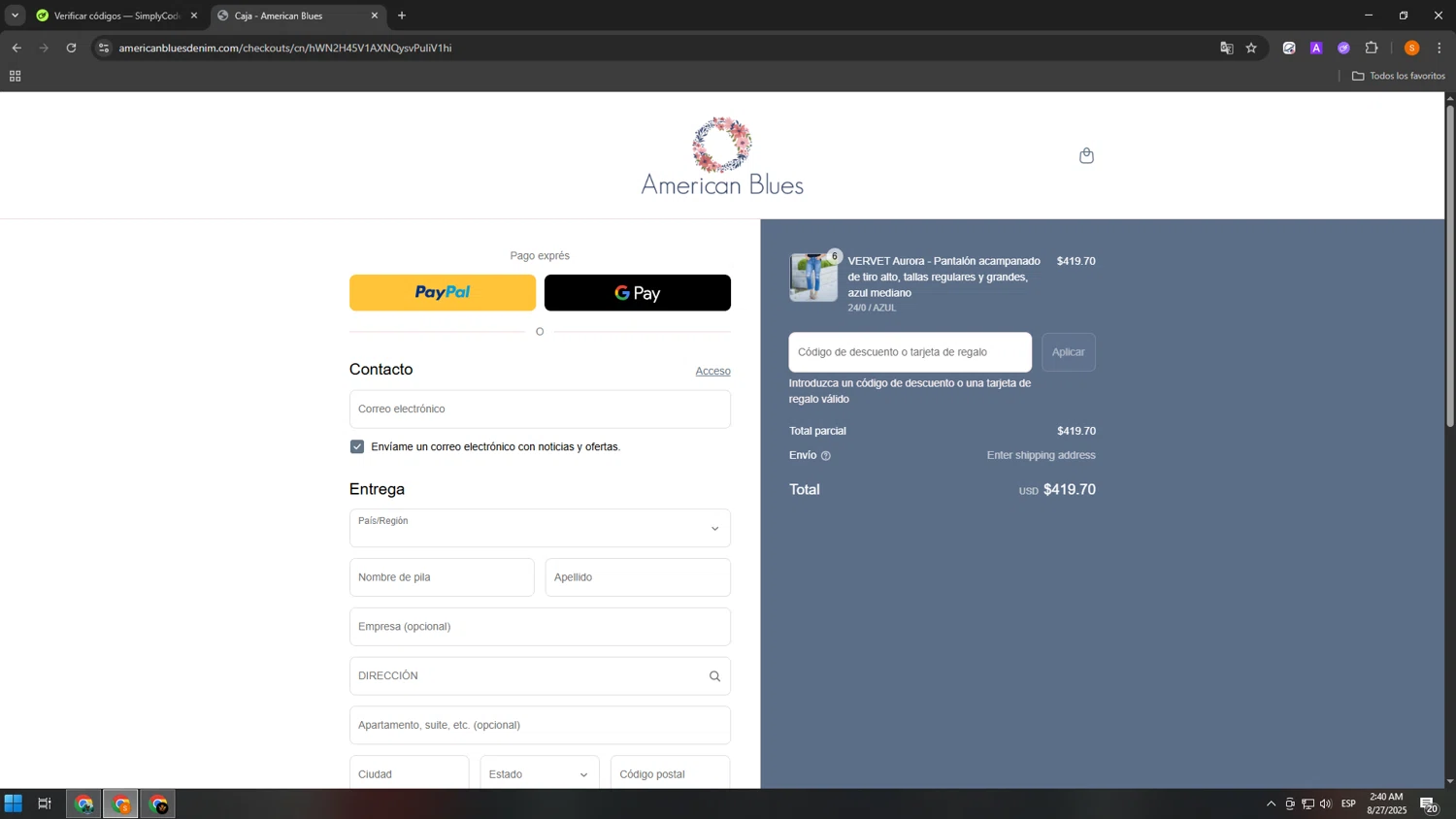 American Blues discount code screenshot showing code VT0825 applied at American Blues checkout page. Uploaded by SimplyCodes community member MangoFC on Aug 27, 2025