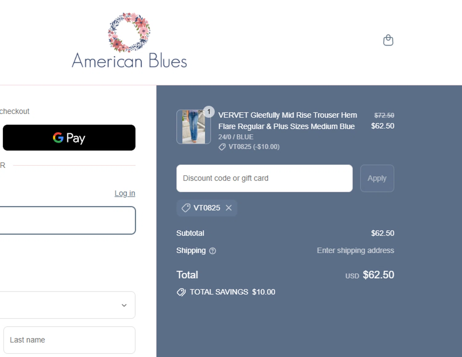 American Blues discount code screenshot showing code VT0825 applied at American Blues checkout page. Uploaded by SimplyCodes community member yeresojperez on Aug 25, 2025