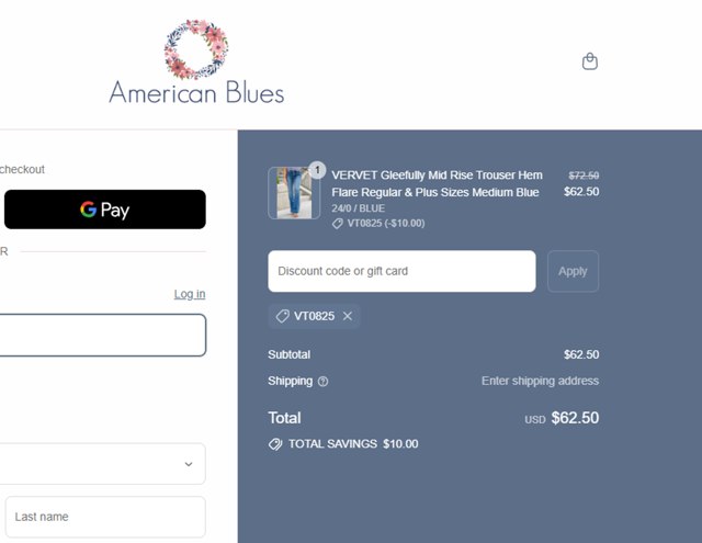 American Blues checkout page showing American Blues discount code box | Screenshot taken by SimplyCodes community member on Aug 25, 2025
