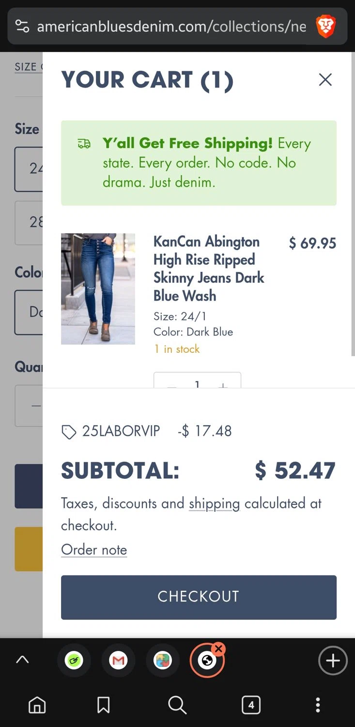 American Blues discount code screenshot showing code 25LABORVIP applied at American Blues checkout page. Uploaded by SimplyCodes community member GoldLynx7797 on Aug 28, 2025