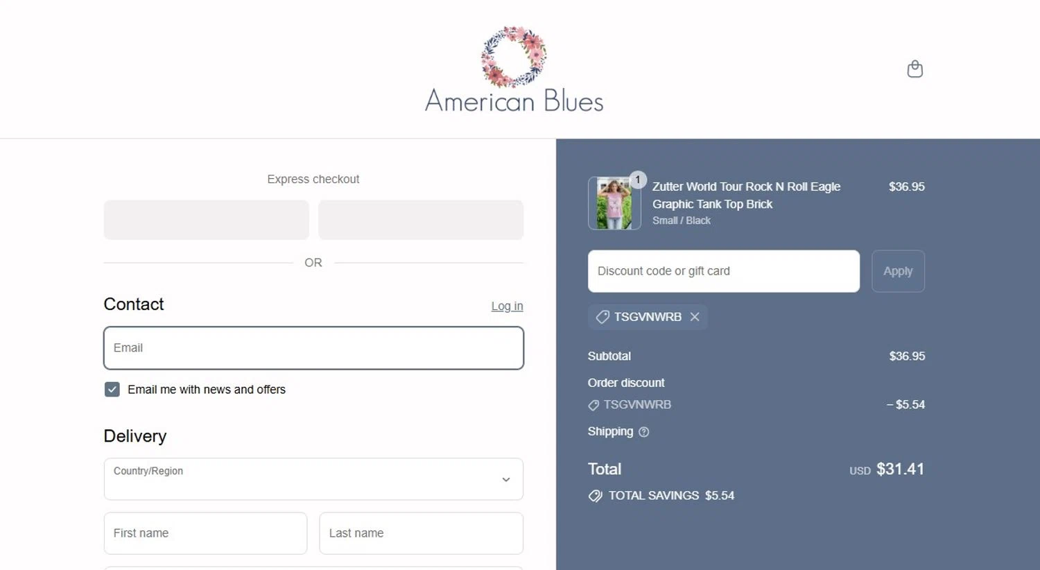 American Blues discount code screenshot showing code TSGVNWRB applied at American Blues checkout page. Uploaded by SimplyCodes community member angelfigueroa2008 on Aug 22, 2025