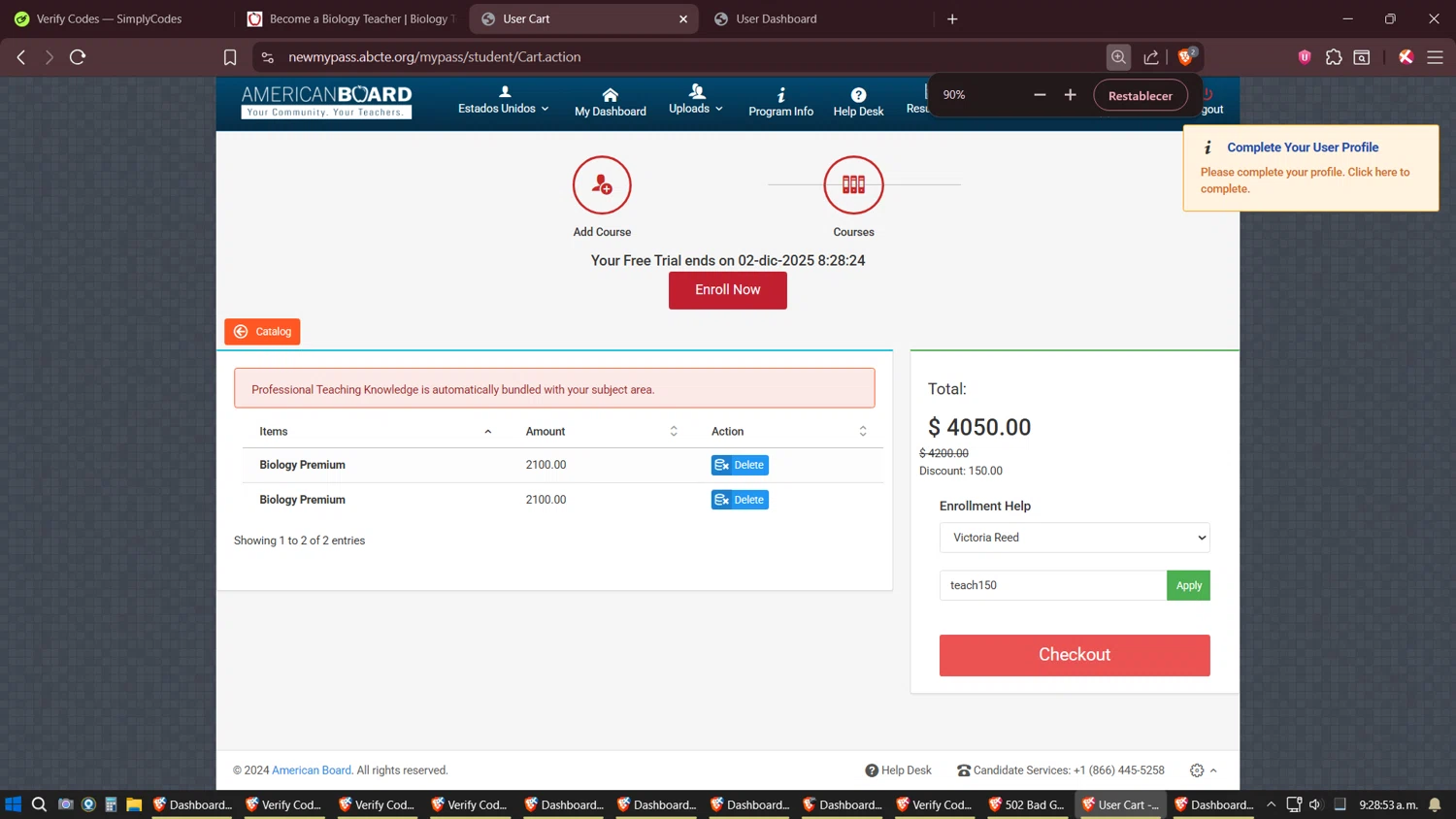 American Board coupon code screenshot showing code teach150 applied at American Board checkout page. Uploaded by SimplyCodes community member Sesshomaru on Nov 25, 2025