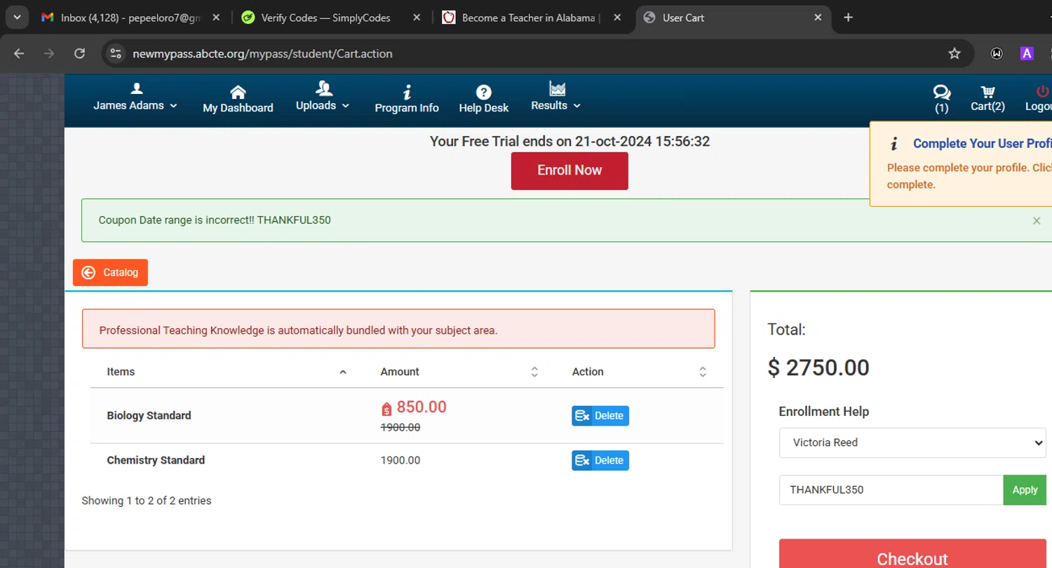 American Board coupon code screenshot showing code THANKFUL350 applied at American Board checkout page. Uploaded by SimplyCodes community member Eminem on Dec 7, 2025