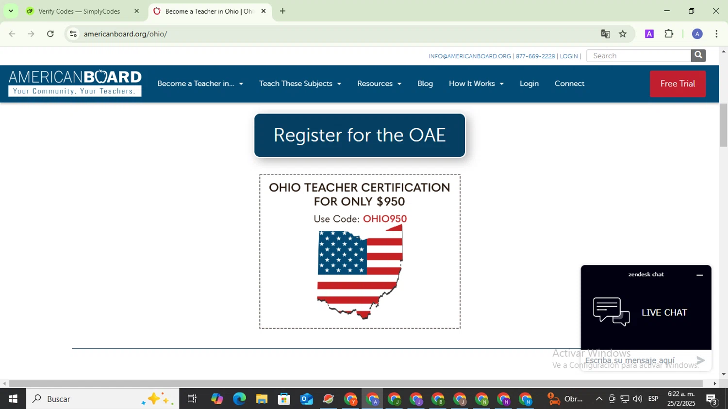 American Board coupon code screenshot showing code OHIO950 applied at American Board checkout page. Uploaded by SimplyCodes community member TreasureCaptain5531 on Feb 25, 2025