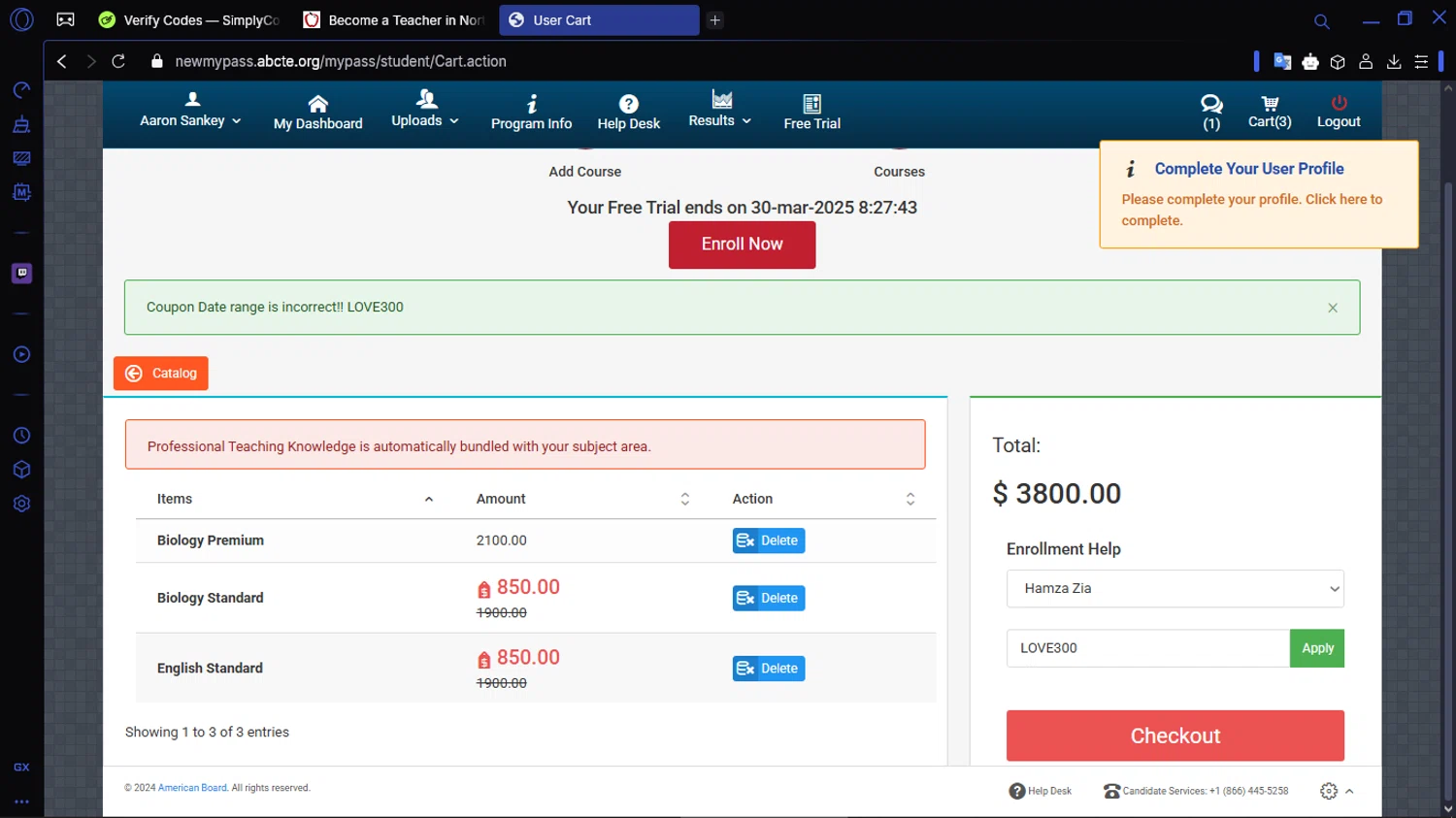 American Board coupon code screenshot showing code LOVE300 applied at American Board checkout page. Uploaded by SimplyCodes community member ACIDOSULFURICO on Mar 23, 2025