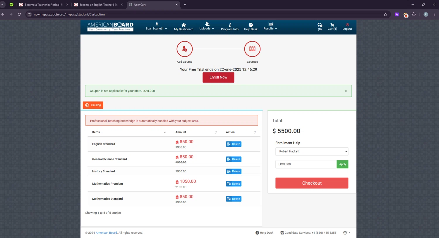 American Board coupon code screenshot showing code LOVE300 applied at American Board checkout page. Uploaded by SimplyCodes community member LuckyExpert7689 on Mar 8, 2025