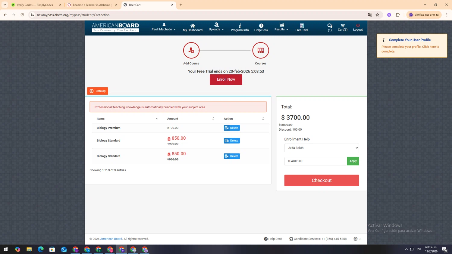 American Board checkout page showing American Board coupon code box | Screenshot taken by SimplyCodes community member on Feb 13, 2026
