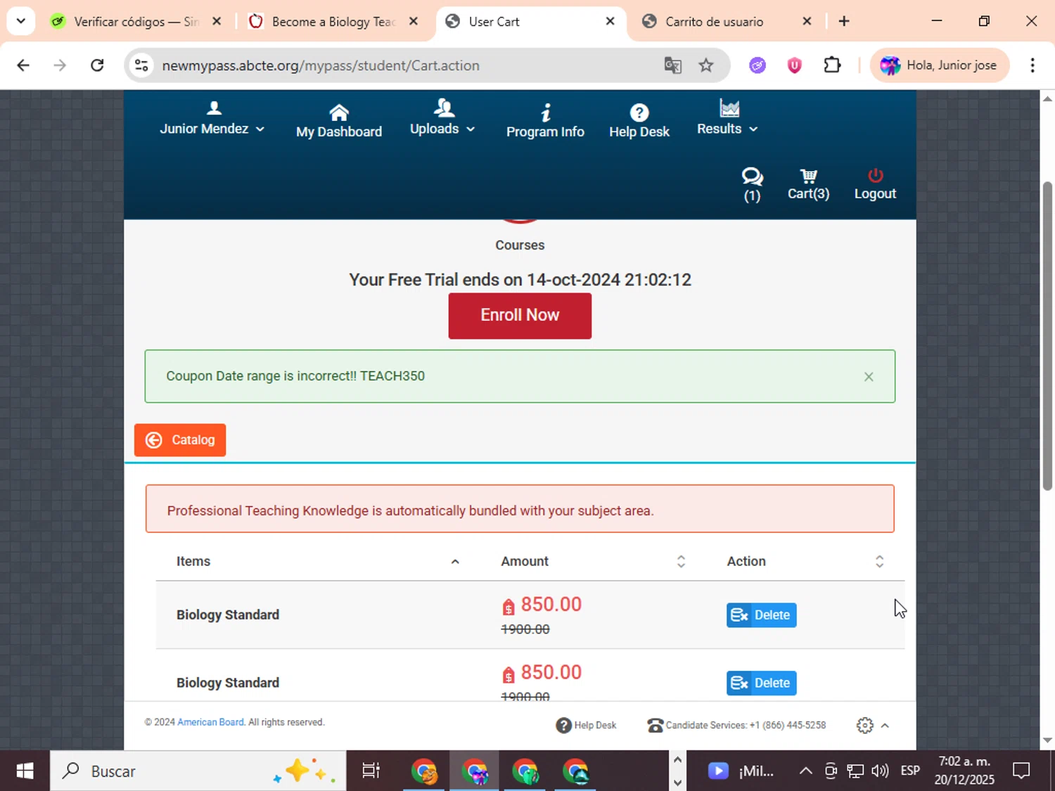 American Board coupon code screenshot showing code TEACH100 applied at American Board checkout page. Uploaded by SimplyCodes community member ingric on Dec 20, 2025